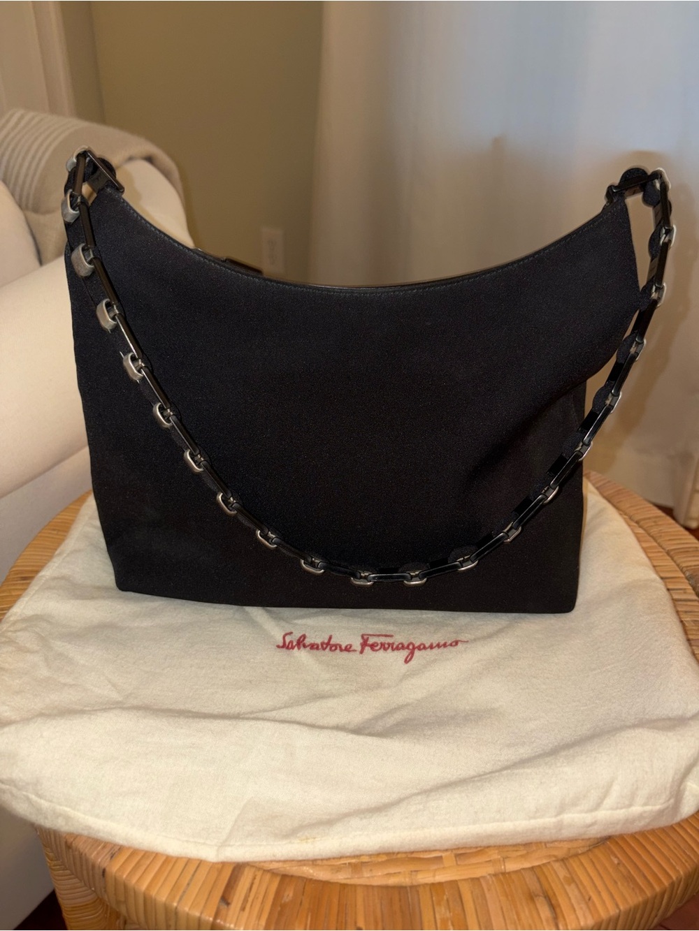 Salvatore Ferragamo Black Shoulder Bag with Chain-Link Strap